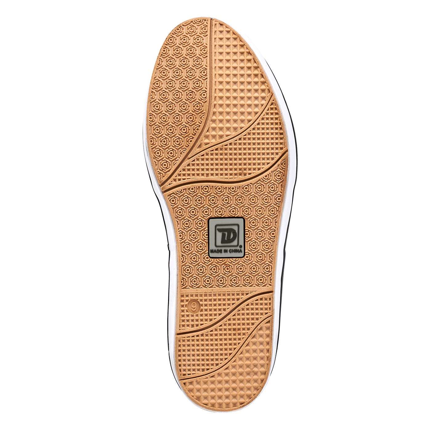 Close-up of outsole tread on Trudave Ocean Breeze Series men’s ankle waterproof rubber deck boots showing slip-resistant grip and non-marking sole for fishing and boating use